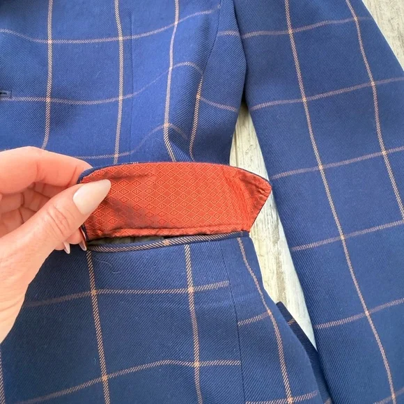 YuanLu Boys Navy Windowpane Plaid Suit Set Jacket Pants Size 12 Formal - Picture 6 of 14